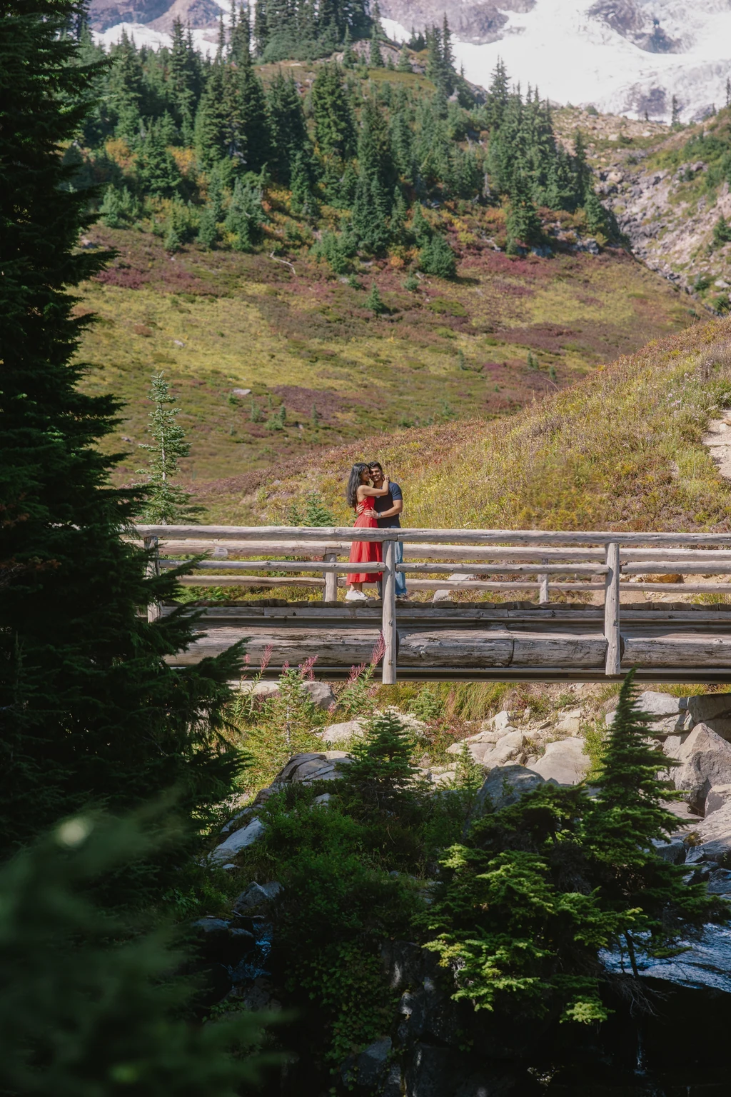 A couple embraces on a wooden bridge among evergreen trees and a mountain meadow.